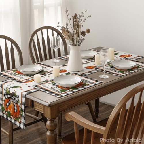 Pumpkin Buffalo Plaid Fall Placemats Set of 2 - 12 x 18 Inch Rectangular Black & Orange