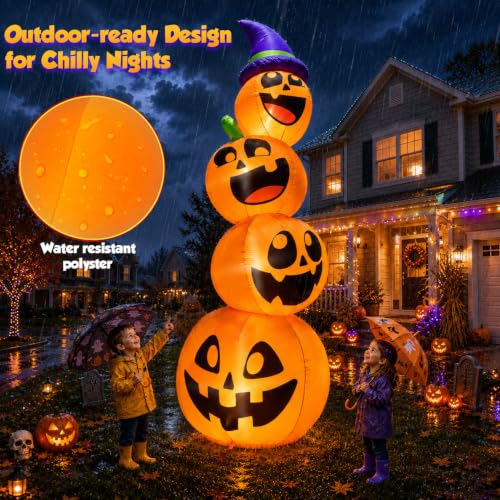 Giant 12FT Halloween Inflatable Pumpkin Stack with LED Faces & Witch Hat - Outdoor Yard Decor