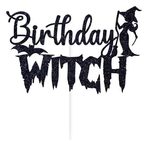 Black Glitter Birthday Witch Cake Topper Halloween 20th 30th 40th 50th Celebration Decor