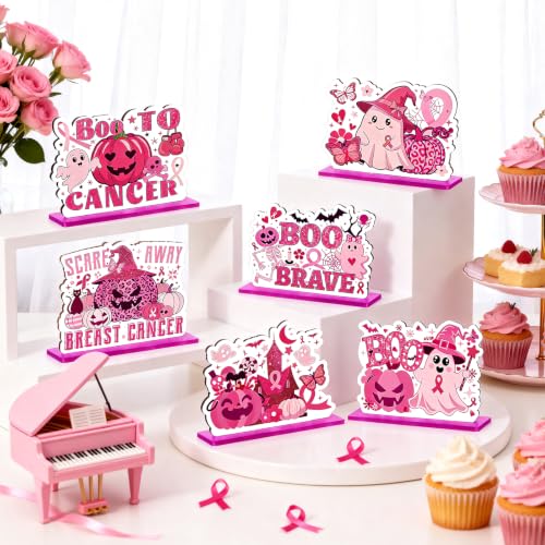 Pink Breast Cancer Awareness Halloween Wooden Table Decorations - 6 Pcs
