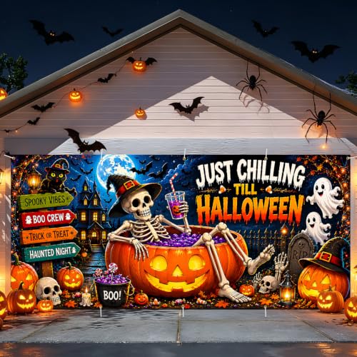 Halloween Garage Door Banner 7x16ft - Just Chilling Till Halloween Outdoor Decor - Ghost & Skeleton Pumpkin Double Garage Cover - Variation 255