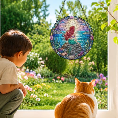 Mermaid Stained Glass Window Hanging Suncatcher - Ocean Fantasy Wall Decor