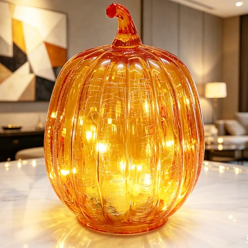 Gold Crackled Glass Pumpkin Lights with Timer - Fall Home Decor
