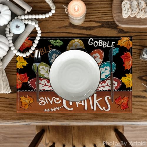 Black Turkey Give Thanks Thanksgiving Placemats Set of 4 - 12x18 Inch Seasonal Table Mats