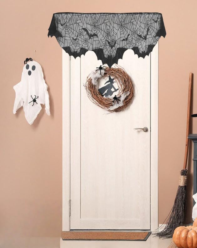 Halloween Fireplace Decor Mantle Scarf Cover Garland - Black Lace Spider Web Bat Style