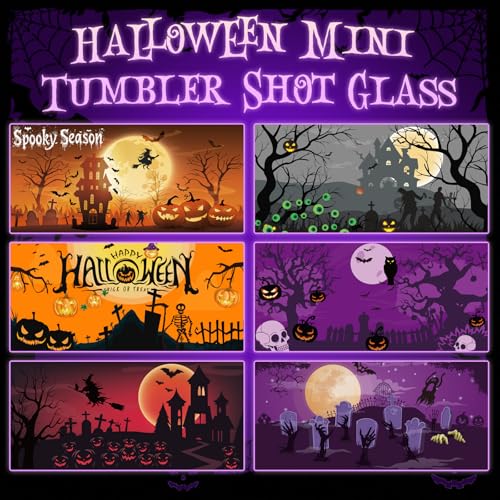 Halloween Shot Glasses Mini Tumblers with Straw & Lid - 6 Pack - Pumpkin Castle Variation