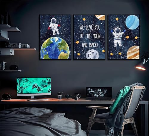 Space Astronaut Canvas Wall Art - Galaxy Planet Posters, 16x24, Set of 3