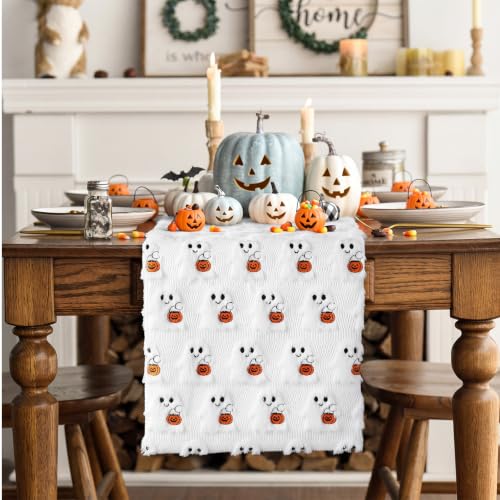 Halloween Ghost Table Runner 13x72 Faux Fur Decor with 3D Plush Ghosts & Pumpkins