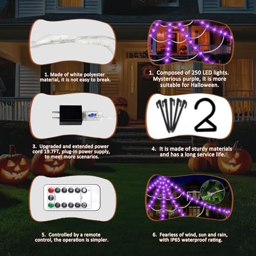 Halloween Decorations Outdoor Spider Web Lights 250 LED Lighted Web - Purple, 16.4 Ft, Abstract Variation