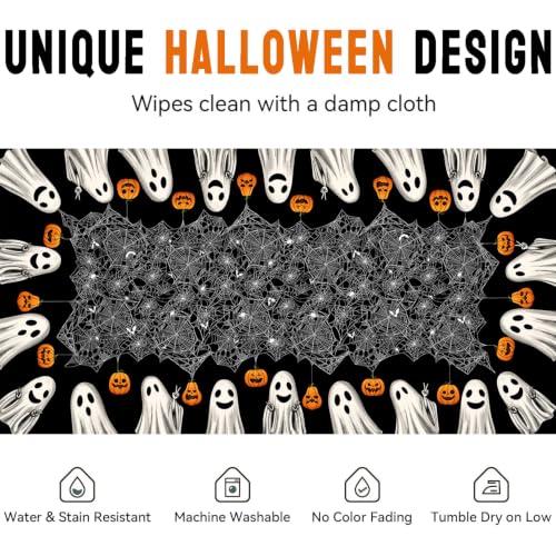Halloween Black Rectangular Tablecloth 60 x 120 Inches Spooky Spider Web Ghost Design - Party Decor