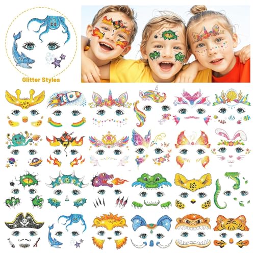 Partywind Glitter Temporary Face Tattoos for Kids - Face Painting & Party Fun