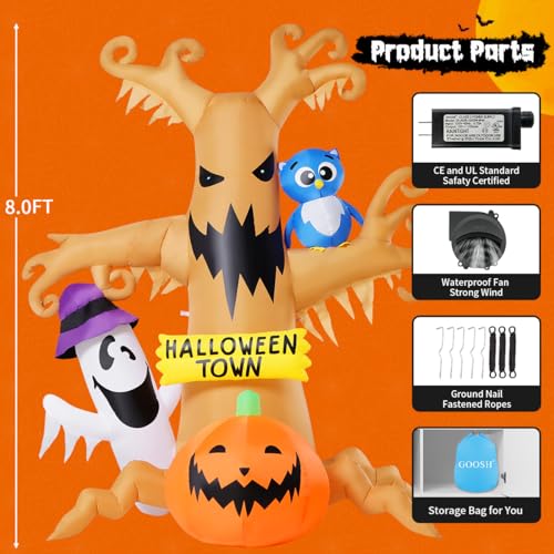 8 FT Halloween Inflatable Dead Tree Decoration with Owl Ghosts Pumpkins & LED Lights - Movable