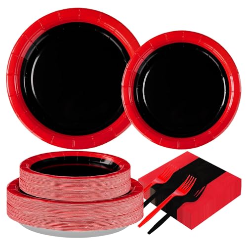 Black and Red Birthday Party Supplies Set for 50 Guests - Includes Plates, Napkins & Cutlery - Variation: 200pcs Black and Red Plates