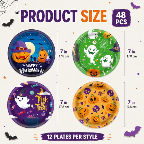48Pcs Halloween Paper Plates 7 Inch with Ghost Pumpkin Skeleton Designs - Fall Party Tableware - Halloween Variation