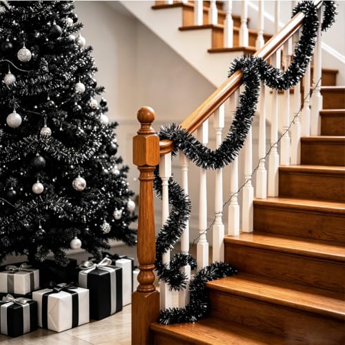Black 33Ft Christmas Tinsel Garland Foil Sparkling Holiday Decor - RUPOFUZA