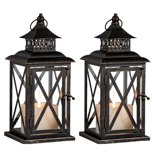 Black Indoor & Outdoor Decorative Lanterns - 2 Pack Large Hanging Candle Holders for Porch & Patio