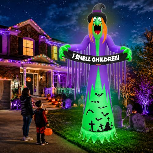 12FT Giant Halloween Inflatable Witch with LED Lights & Banner for Outdoor Decor