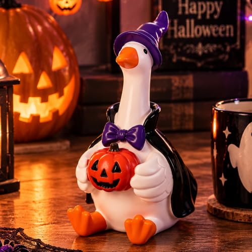 Halloween Indoor Mini Desk Goose Figurine with Witch Hat & Pumpkin - Halloween Decorations