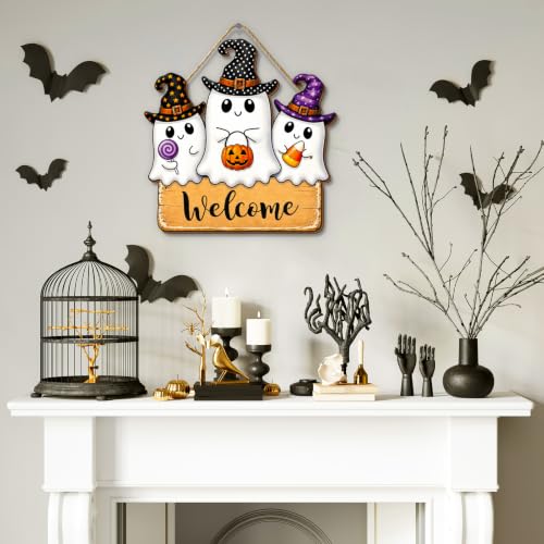Halloween Wooden Door Sign Cute Ghosts Welcome Plaque Decor