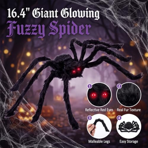 Halloween Spider Web Lights Outdoor with 250 Purple LEDs & Fuzzy Spider - 16.4ft Web Decor Set