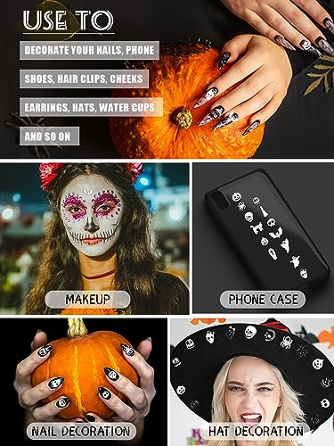 Halloween Nail Art Charms Set - 52 Pieces with Pumpkin Spider Skull Skeleton Black & White Variations