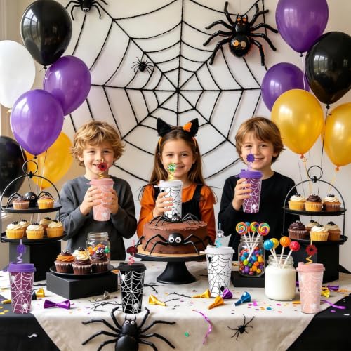 Spider Web Party Cups with Lids & Straws - 24 Pack for Halloween & Kids Birthday