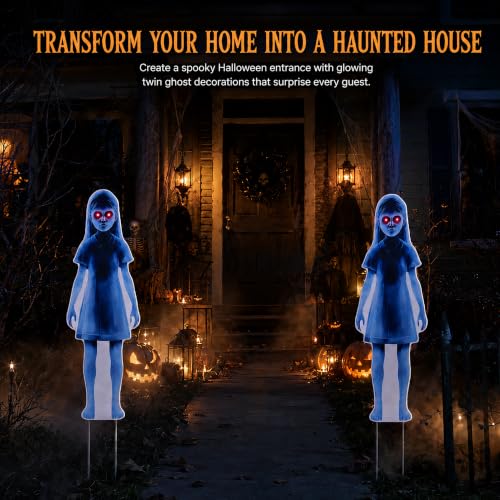 Lighted Ghost Yard Signs for Halloween Outdoor Decorations - 2 Pack, 31.5 Inch Creepy Lawn Stakes with Red LED Eyes