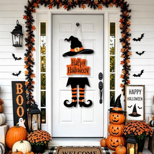 Large Orange Halloween Wooden Witch Door Wreath - Front Door Decor