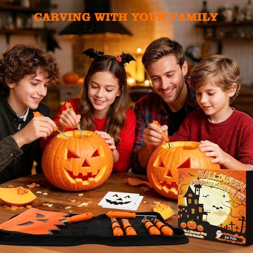 Halloween Pumpkin Carving Kit with 10 Knives, 25 Stencils & Portable Storage Bag