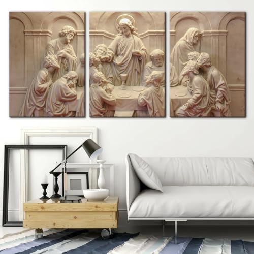 3 Pieces Canvas Wall Art The Last Supper Sculpture Style Paintings - 20" x 28" x 3 Panels, Ready to Hang - Variation of Wallart-09
