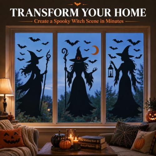 KRZKRZ Witch Bat Decals for Glass Halloween Window Clings - Large Set