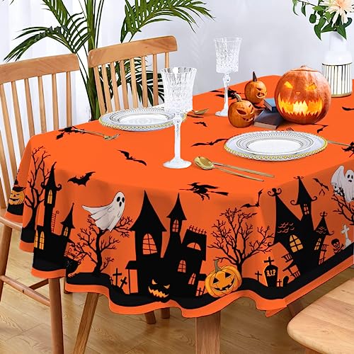 Oval Halloween Tablecloth 84x60 Inch Spooky Pumpkin Castle Witch Decor - Waterproof & Durable
