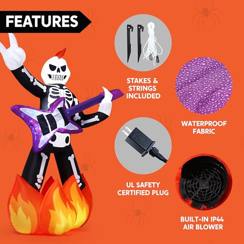 6ft Halloween Inflatable Skeleton with Guitar, LED Lights & Haunted Music Outdoor Decor