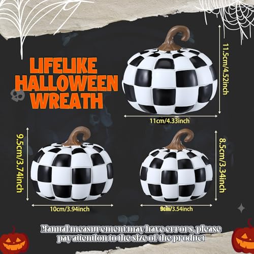 Black and White Checkered Fall Pumpkin Decor Set - Resin Halloween & Thanksgiving Table Ornaments - 3 Sizes