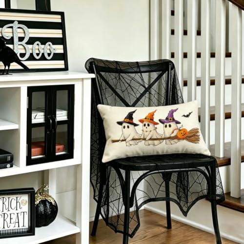Halloween Ghost Pillow Cover Waterproof 12x20 Inch - White Bat Decor