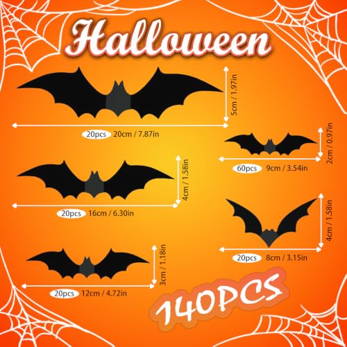 Halloween 3D Bat Wall Decor Set - 140 PVC Flying Bat Cutouts for Haunted House & Party
