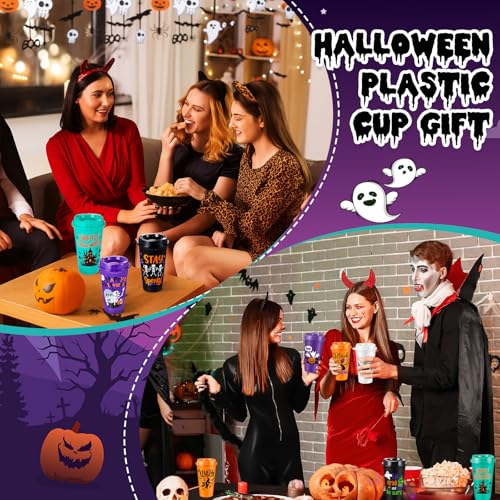 Halloween Plastic Cups with Lids & Straws - 16 oz Pumpkin Design, 30 Pack