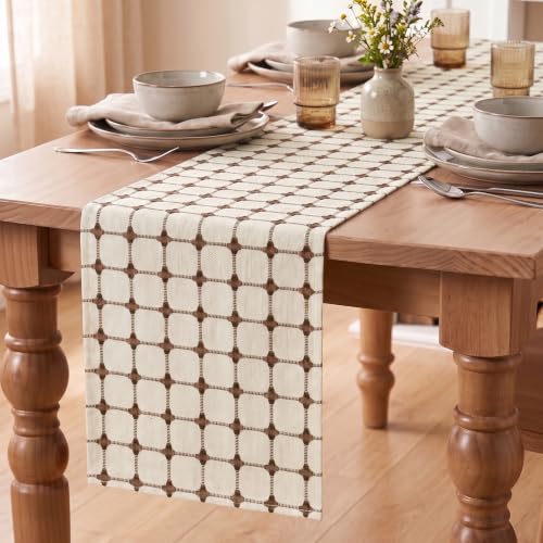 Farmhouse Table Runner 12x72 Inch Beige Brown Rustic Embroidered Kitchen Decor
