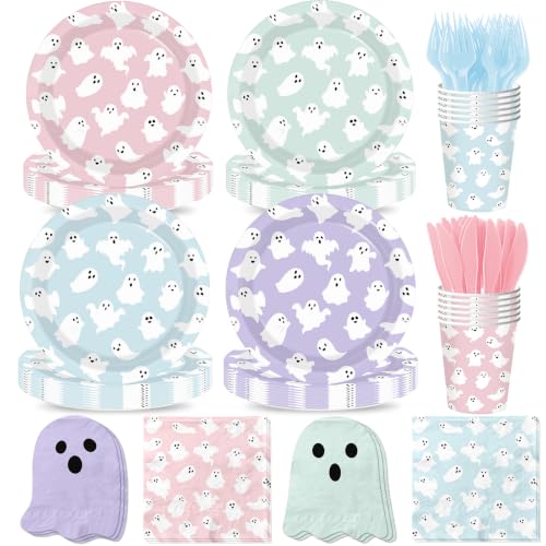 Pastel Halloween Ghost Paper Plates Napkins Cups Set for Parties - 156 pcs