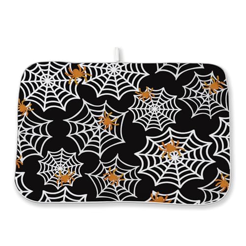 Halloween Dish Drying Mat 18x24 Inch Black Orange Spider Web Pattern - Fall Kitchen Decor