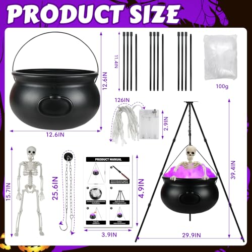 Purple Halloween Witches Cauldron Decor Set with Skeleton & LED Lights - Outdoor Yard Porch