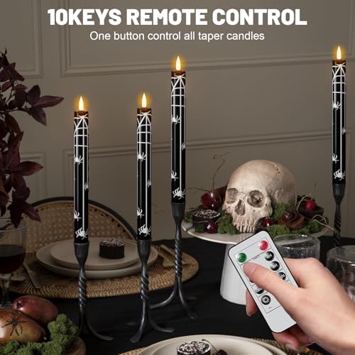 Halloween Flameless Taper Candles with Spider Decals - Remote & Timer - Black, Variation 3-Spider