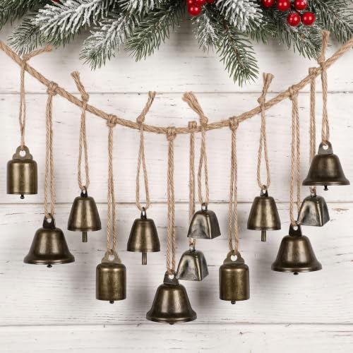 Innovative Style Bronze Christmas Bell Set - Rustic Vintage Ornaments with Jute Rope