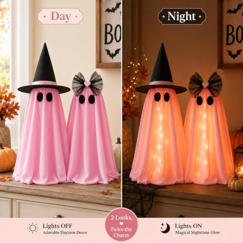Pink Light Up Ghost Decorations - Halloween Indoor Decor with Remote Control