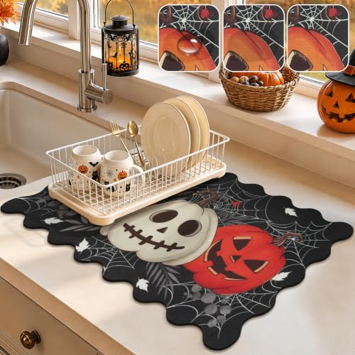 Scalloped Halloween Dish Drying Mat - Spooky Pumpkin Black, 12x20 Inches - Halloween Scary Pumpkin