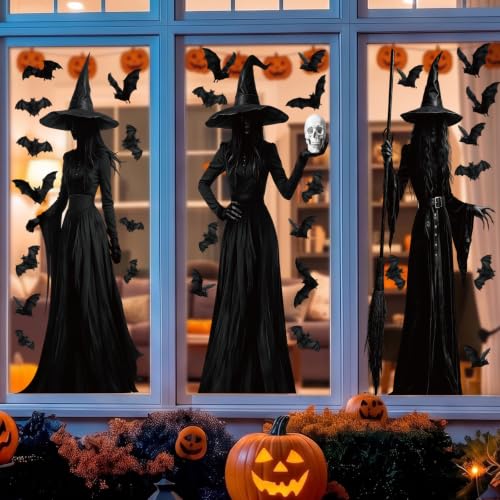 Halloween Window Clings Large Witch Silhouette Decals - Black, Spooky Decor