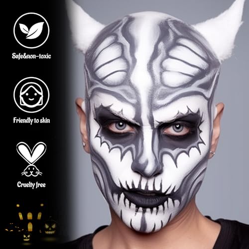 Black White Grey Face & Body Paint Kit with Applicator - Skeleton Halloween Makeup - Travel Size