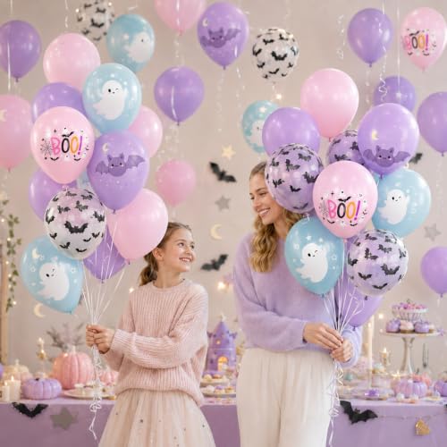 Pastel Halloween Balloons Set - Pink Blue Purple for Spooky Party Decor - Variation Pink Purple