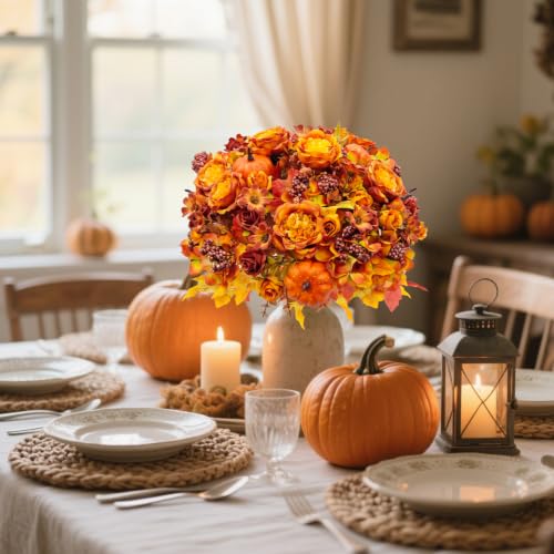 Artificial Fall Flowers with Pumpkins - Orange 3-Pack Fall Decorations for Table