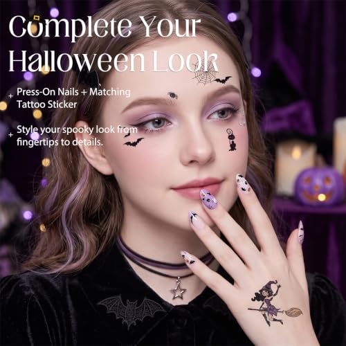 Halloween Press On Nails Short Almond with Pumpkin Bat Ghost Design - 32 Pcs - Variation 1